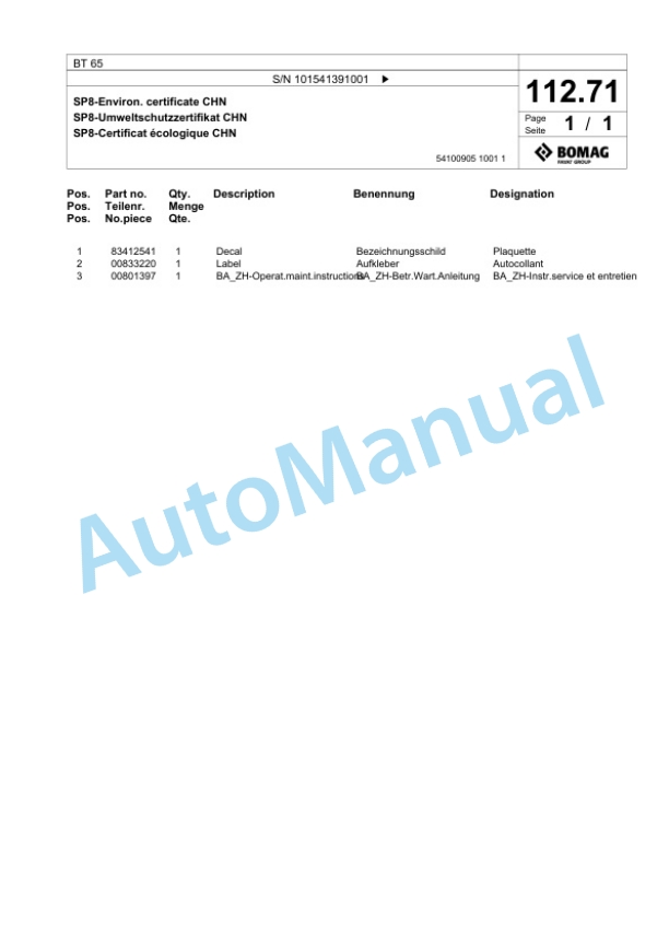 Bomag BT 65 Vibratory Tamper Spare Parts Catalogue 00826537 3 Bomag BT 65 Vibratory Tamper Spare Parts Catalogue 00826537-3
