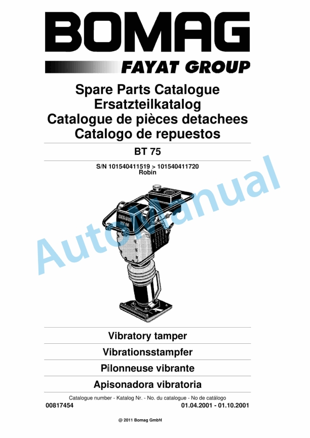 Bomag BT 75 Vibratory Tamper Spare Parts Catalogue 00817454 1 Bomag BT 75 Vibratory Tamper Spare Parts Catalogue 00817454