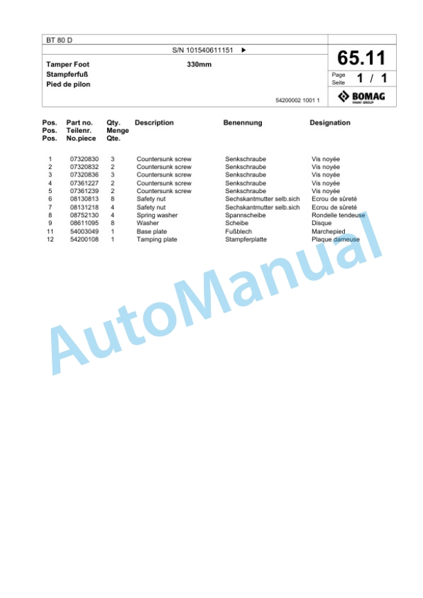 Bomag BT 80 D Vibratory Tamper Spare Parts Catalogue 00825495 3 Bomag BT 80 D Vibratory Tamper Spare Parts Catalogue 00825495-3