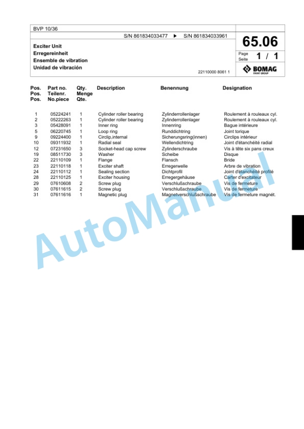 Bomag BVP 10-36 Vibratory Plate Compactor Spare Parts Catalogue 00824083-3