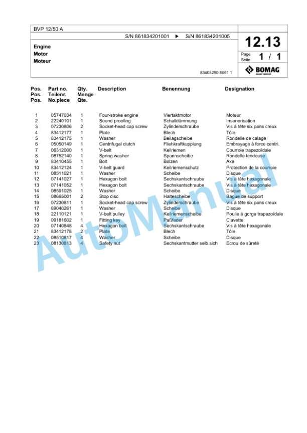 Bomag BVP 12-50 A Vibratory Plate Compactor Spare Parts Catalogue 00825145 2 Bomag BVP 12-50 A Vibratory Plate Compactor Spare Parts Catalogue 00825145-2