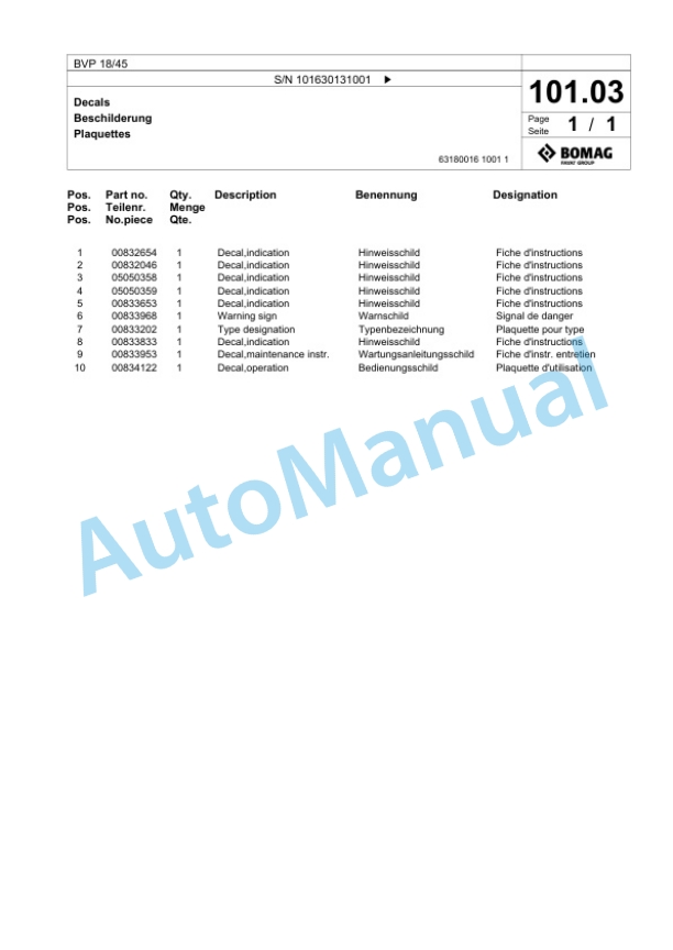 Bomag BVP 18-45 Vibratory Plate Compactor Spare Parts Catalogue 00825953 4 Bomag BVP 18-45 Vibratory Plate Compactor Spare Parts Catalogue 00825953-4