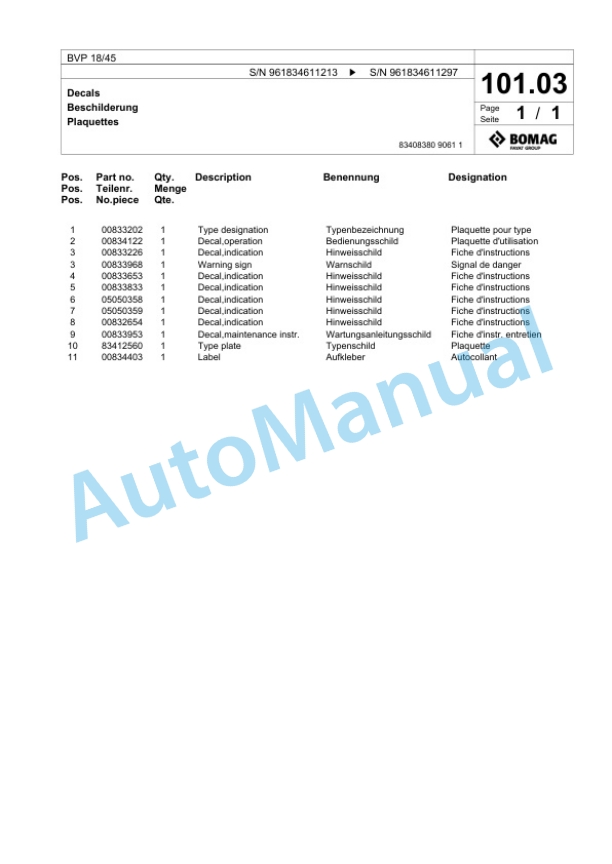 Bomag BVP 18-45 Vibratory Plate Compactor Spare Parts Catalogue 00826355 5 Bomag BVP 18-45 Vibratory Plate Compactor Spare Parts Catalogue 00826355-5