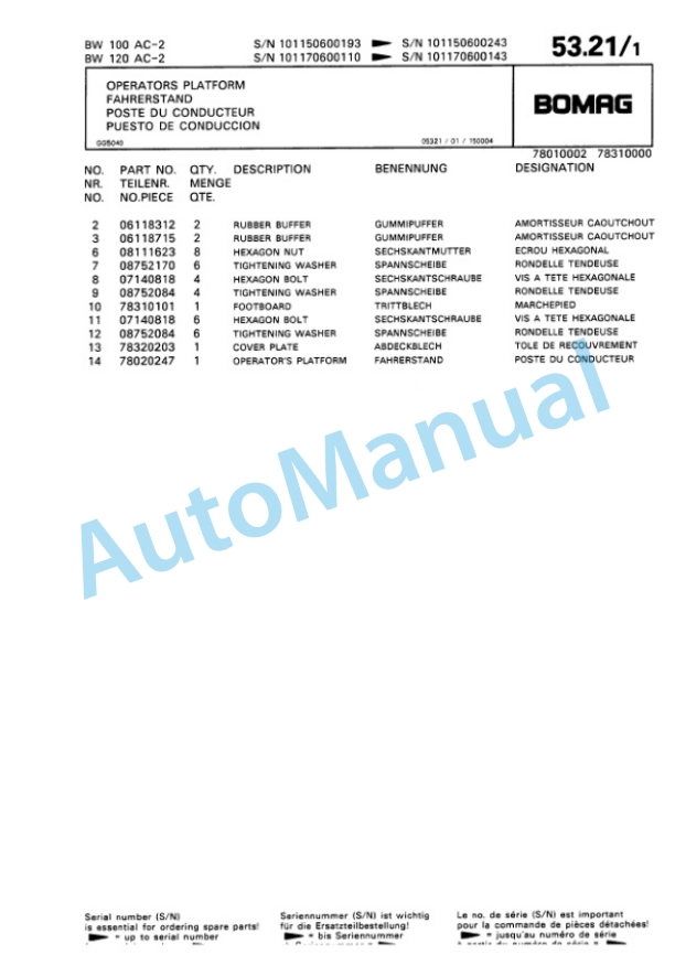 Bomag BW 100 AC-2, BW 120 AC-2 Combination Roller Spare Parts Catalogue 00810069 2 Bomag BW 100 AC-2, BW 120 AC-2 Combination Roller Spare Parts Catalogue 00810069-2
