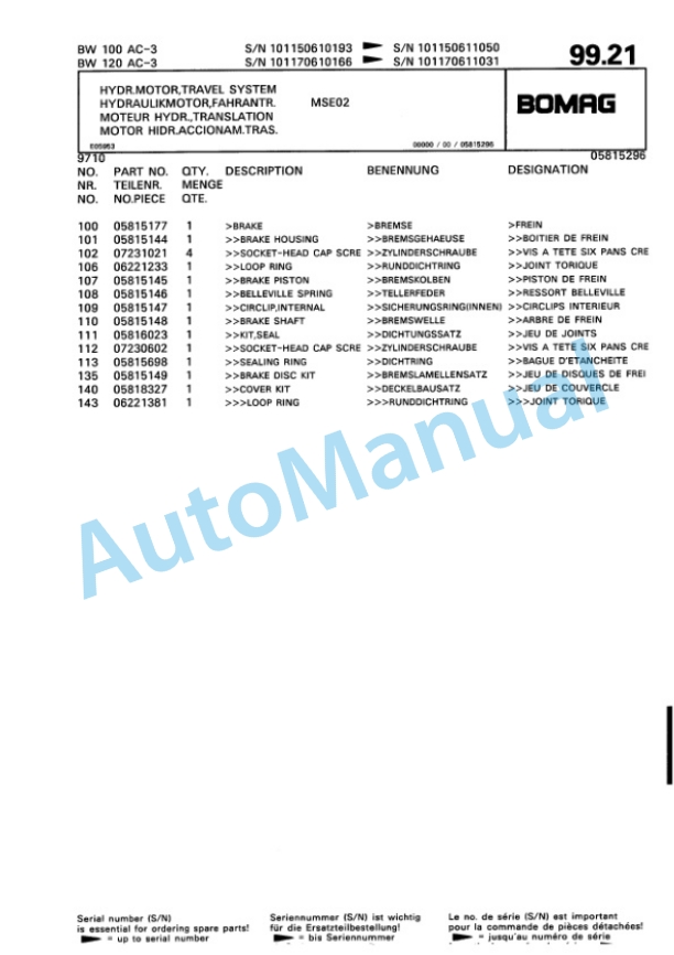 Bomag BW 100 AC-3, BW 120 AC-3 Combination Roller Spare Parts Catalogue 00810096 5 Bomag BW 100 AC-3, BW 120 AC-3 Combination Roller Spare Parts Catalogue 00810096-5