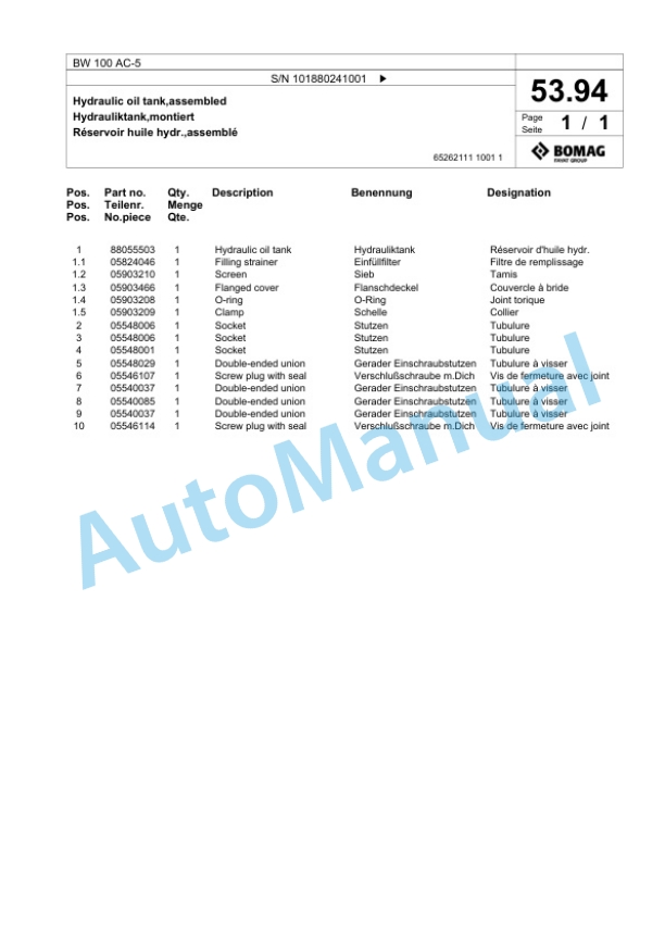 Bomag BW 100 AC-5 Combination Roller Spare Parts Catalogue 00824275 2 Bomag BW 100 AC-5 Combination Roller Spare Parts Catalogue 00824275-2