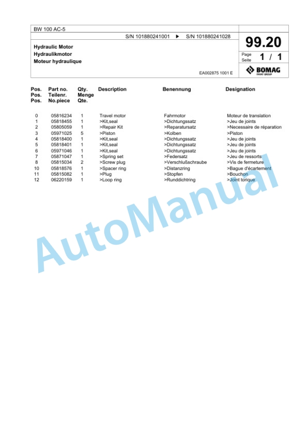 Bomag BW 100 AC-5 Combination Roller Spare Parts Catalogue 00824275 3 Bomag BW 100 AC-5 Combination Roller Spare Parts Catalogue 00824275-3