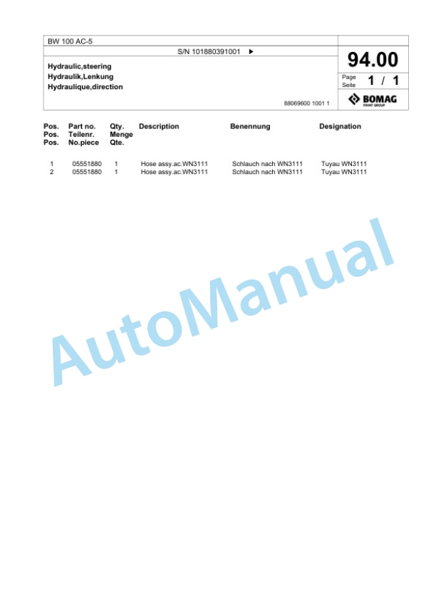 Bomag BW 100 AC-5 Combination Roller Spare Parts Catalogue 00824837 2 Bomag BW 100 AC-5 Combination Roller Spare Parts Catalogue 00824837-2