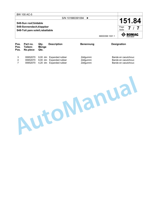 Bomag BW 100 AC-5 Combination Roller Spare Parts Catalogue 00824837 4 Bomag BW 100 AC-5 Combination Roller Spare Parts Catalogue 00824837-4