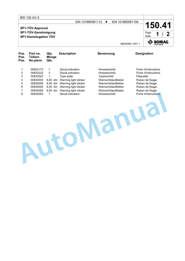 Bomag BW 100 AC-5 Combination Roller Spare Parts Catalogue 00825569 3 Bomag BW 100 AC-5 Combination Roller Spare Parts Catalogue 00825569-3