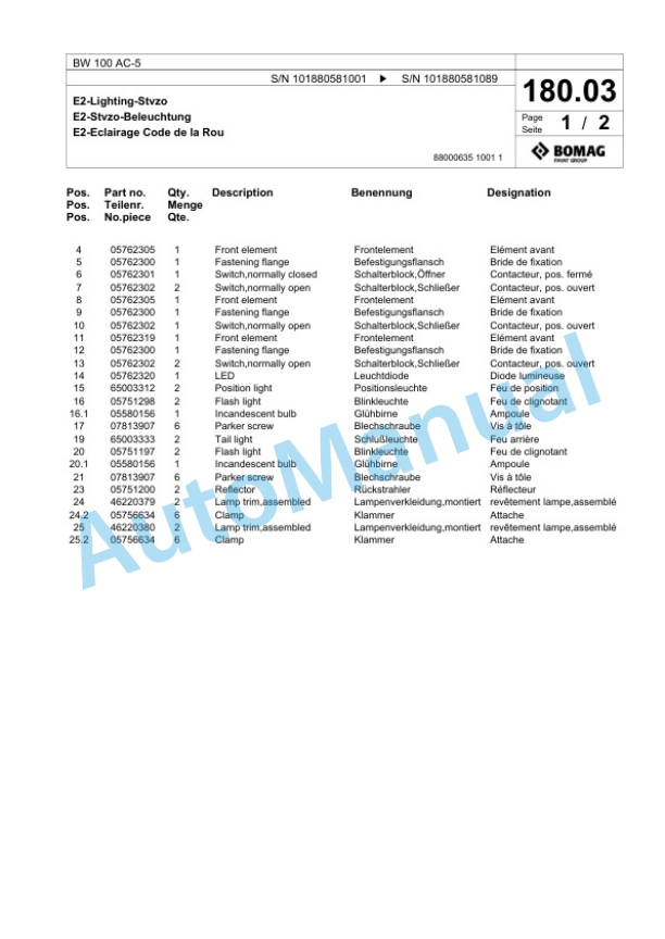 Bomag BW 100 AC-5 Combination Roller Spare Parts Catalogue 00825569 4 Bomag BW 100 AC-5 Combination Roller Spare Parts Catalogue 00825569-4