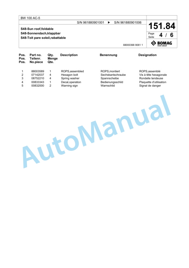 Bomag BW 100 AC-5 Combination Roller Spare Parts Catalogue 00827047 4 Bomag BW 100 AC-5 Combination Roller Spare Parts Catalogue 00827047-4