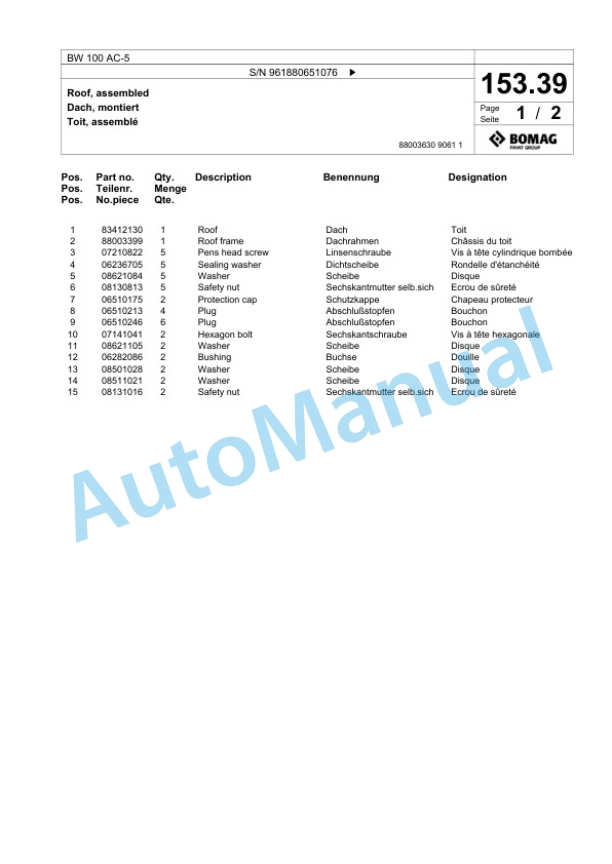 Bomag BW 100 AC-5 Tandem Vibratory Roller Spare Parts Catalogue 00826091 5 Bomag BW 100 AC-5 Tandem Vibratory Roller Spare Parts Catalogue 00826091-5