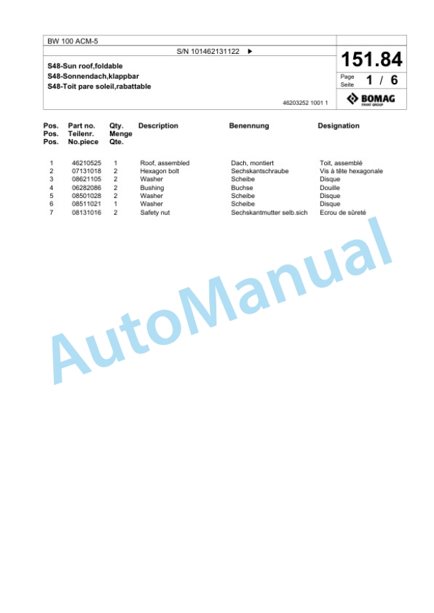 Bomag BW 100 ACM-5 Combination Roller Spare Parts Catalogue 00825291 3 Bomag BW 100 ACM-5 Combination Roller Spare Parts Catalogue 00825291-3