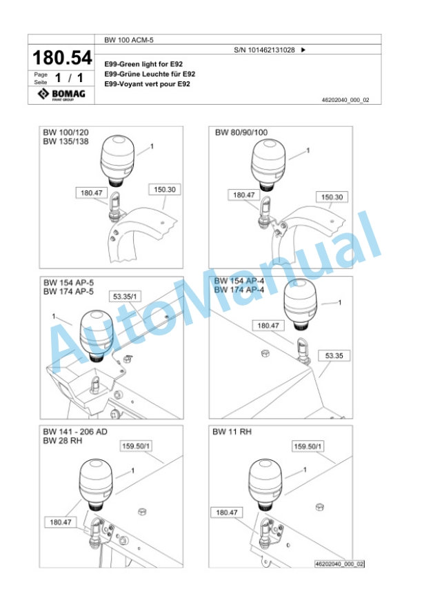 Bomag BW 100 ACM-5 Combination Roller Spare Parts Catalogue 00825291 5 Bomag BW 100 ACM-5 Combination Roller Spare Parts Catalogue 00825291-5