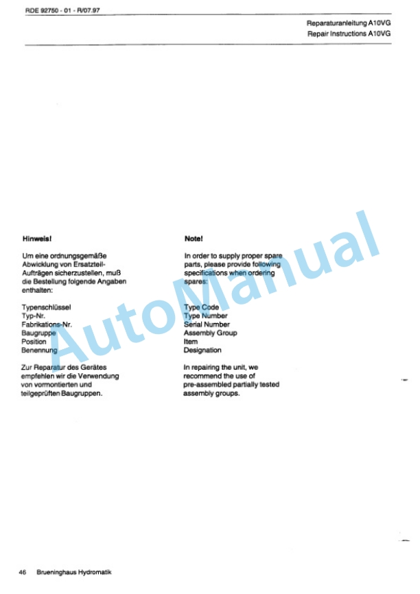 Bomag BW 100 AD-3, BW 100 AC-3, BW 120 AD-3, BW 120 AC-3 Tandem Vibratory Rollers Repair Instructions 00819371 4 Bomag BW 100 AD-3, BW 100 AC-3, BW 120 AD-3, BW 120 AC-3 Tandem Vibratory Rollers Repair Instructions 00819371-4