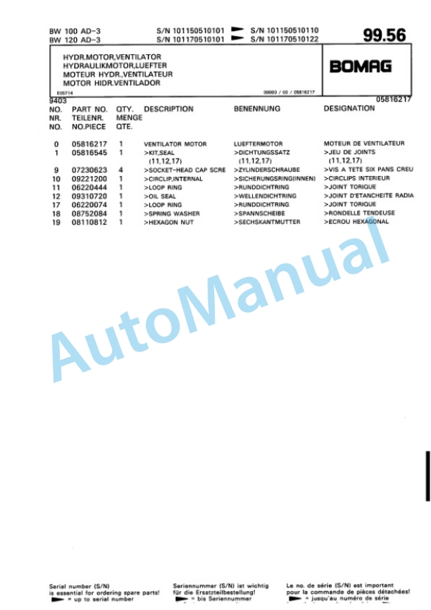 Bomag BW 100 AD-3, BW 120 AD-3 Tandem Vibratory Roller Spare Parts Catalogue 00810094 5 Bomag BW 100 AD-3, BW 120 AD-3 Tandem Vibratory Roller Spare Parts Catalogue 00810094-5