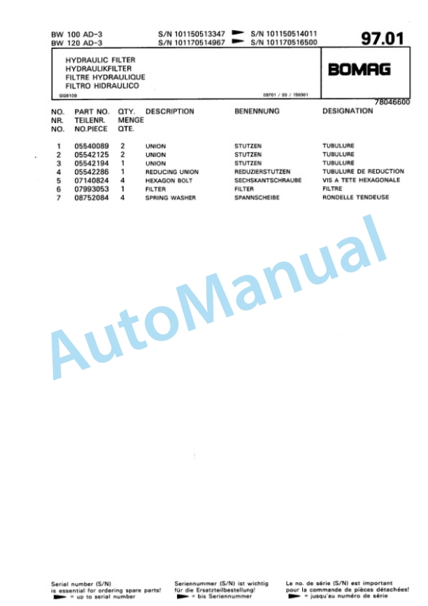 Bomag BW 100 AD-3, BW 120 AD-3 Tandem Vibratory Roller Spare Parts Catalogue 00810185 3 Bomag BW 100 AD-3, BW 120 AD-3 Tandem Vibratory Roller Spare Parts Catalogue 00810185-3