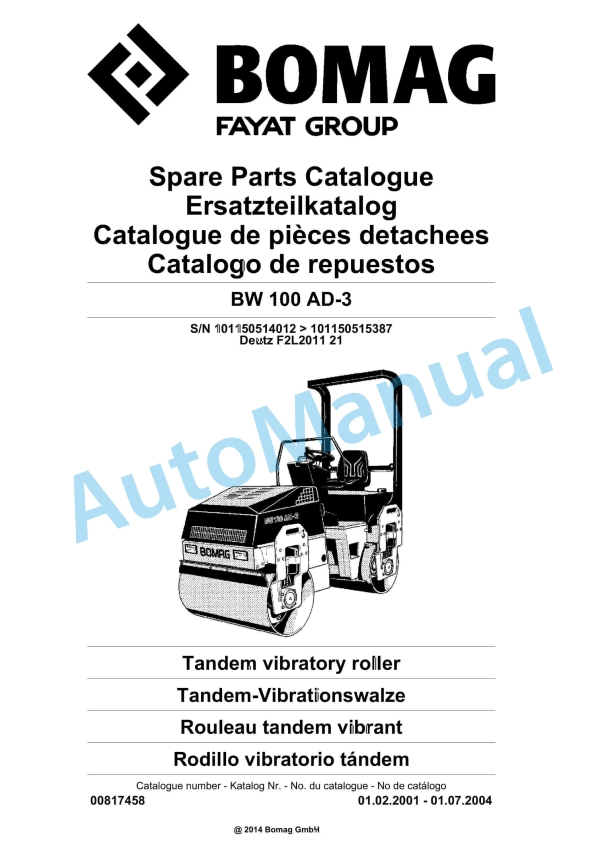 Bomag BW 100 AD-3 Tandem Vibratory Roller Spare Parts Catalogue 00817458 1 Bomag BW 100 AD-3 Tandem Vibratory Roller Spare Parts Catalogue 00817458