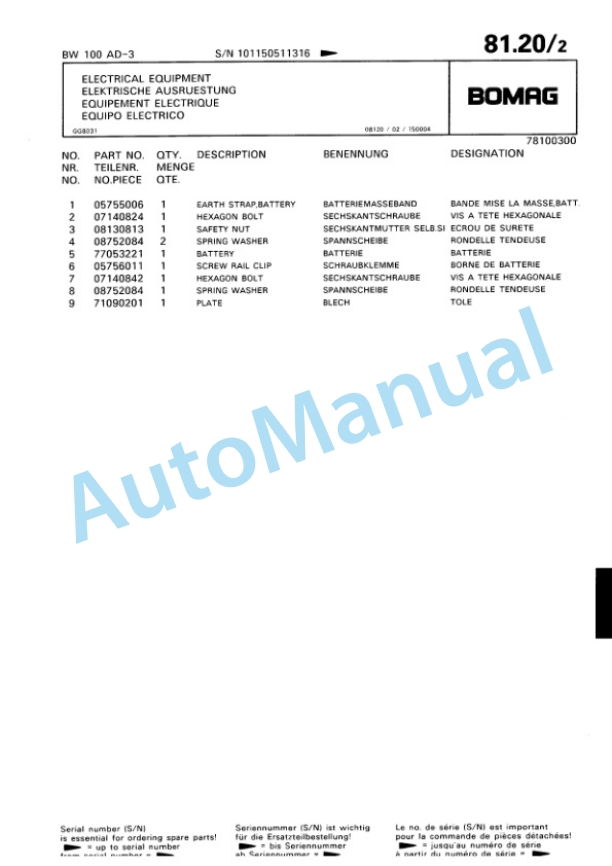 Bomag BW 100 AD-3 Tandem Vibratory Roller Spare Parts Catalogue 00818802-3