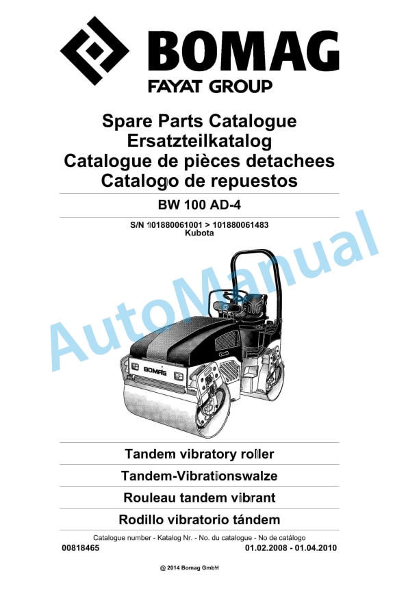 Bomag BW 100 AD-4 Tandem Vibratory Roller Spare Parts Catalogue 00818465 1 Bomag BW 100 AD-4 Tandem Vibratory Roller Spare Parts Catalogue 00818465