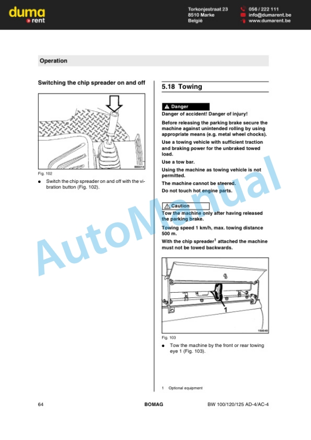 Bomag BW 100 AD-4 to BW 125 AC-4 Tandem Vibratory Roller Operating and Maintenance Instructions 00805301 2 Bomag BW 100 AD-4 to BW 125 AC-4 Tandem Vibratory Roller Operating and Maintenance Instructions 00805301-2