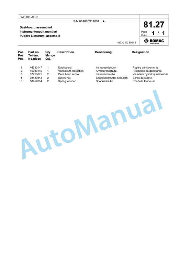Bomag BW 100 AD-5 Tandem Vibratory Roller Spare Parts Catalogue 00824561 3 Bomag BW 100 AD-5 Tandem Vibratory Roller Spare Parts Catalogue 00824561-3