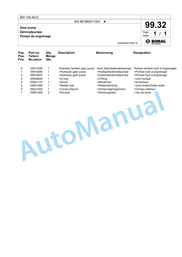 Bomag BW 100 AD-5 Tandem Vibratory Roller Spare Parts Catalogue 00824561 5 Bomag BW 100 AD-5 Tandem Vibratory Roller Spare Parts Catalogue 00824561-5