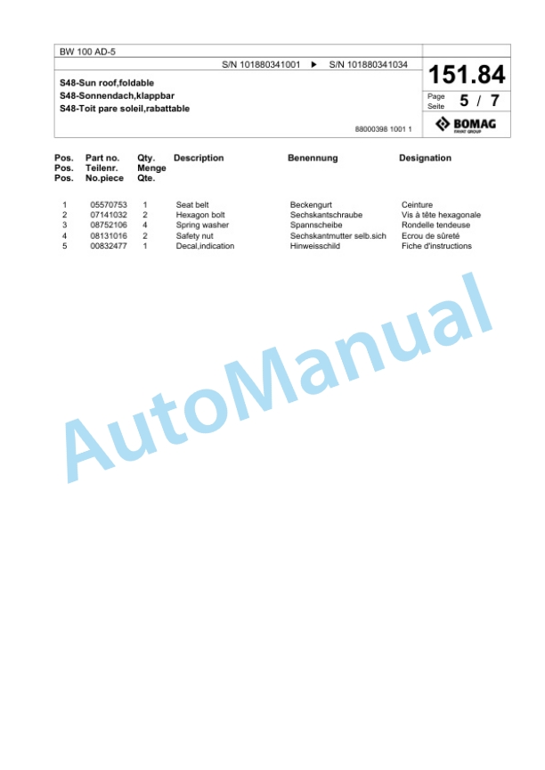 Bomag BW 100 AD-5 Tandem Vibratory Roller Spare Parts Catalogue 00824617 3 Bomag BW 100 AD-5 Tandem Vibratory Roller Spare Parts Catalogue 00824617-3