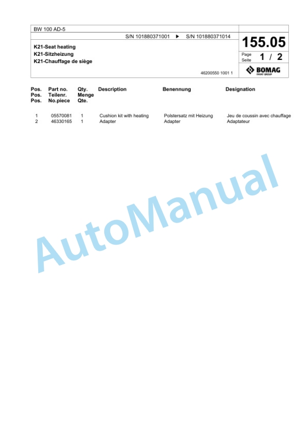 Bomag BW 100 AD-5 Tandem Vibratory Roller Spare Parts Catalogue 00824833 3 Bomag BW 100 AD-5 Tandem Vibratory Roller Spare Parts Catalogue 00824833-3