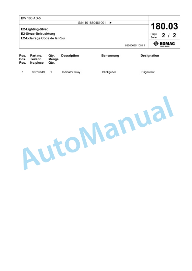 Bomag BW 100 AD-5 Tandem Vibratory Roller Spare Parts Catalogue 00825357 5 Bomag BW 100 AD-5 Tandem Vibratory Roller Spare Parts Catalogue 00825357-5