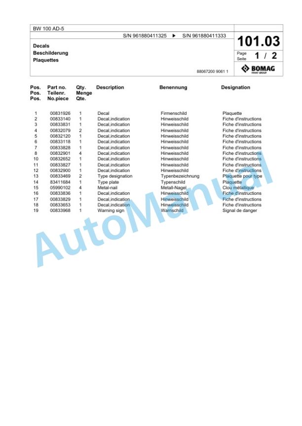Bomag BW 100 AD-5 Tandem Vibratory Roller Spare Parts Catalogue 00826215 3 Bomag BW 100 AD-5 Tandem Vibratory Roller Spare Parts Catalogue 00826215-3