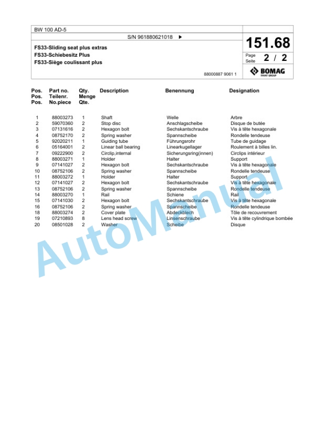 Bomag BW 100 AD-5 Tandem Vibratory Roller Spare Parts Catalogue 00826219-4