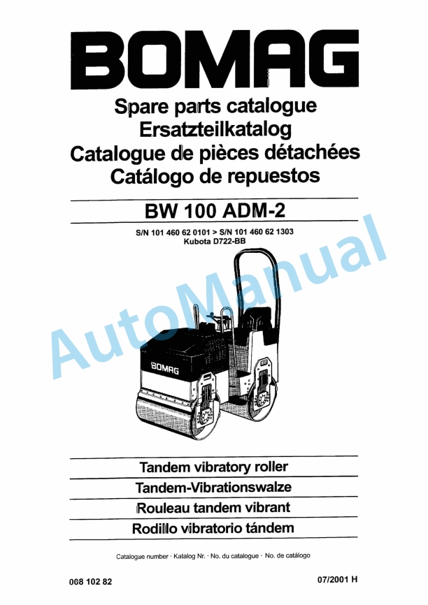 Bomag BW 100 ADM-2 Tandem Vibratory Roller Spare Parts Catalogue 00810282 1 Bomag BW 100 ADM-2 Tandem Vibratory Roller Spare Parts Catalogue 00810282