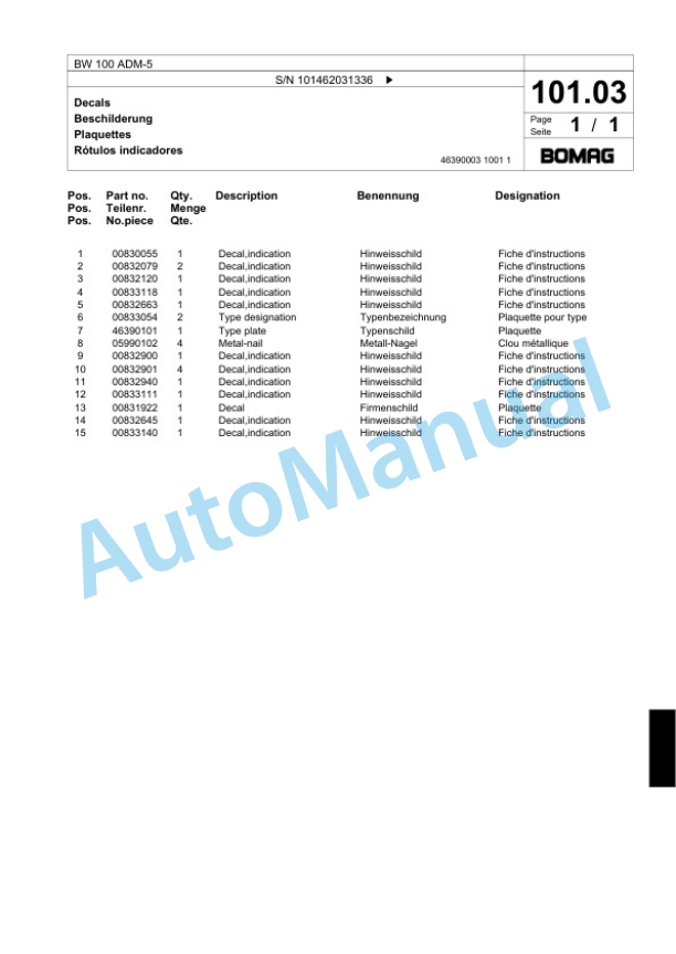 Bomag BW 100 ADM-5 Tandem Vibratory Roller Spare Parts Catalogue 00818711 4 Bomag BW 100 ADM-5 Tandem Vibratory Roller Spare Parts Catalogue 00818711-4