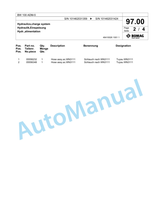 Bomag BW 100 ADM-5 Tandem Vibratory Roller Spare Parts Catalogue 00824121 3 Bomag BW 100 ADM-5 Tandem Vibratory Roller Spare Parts Catalogue 00824121-3