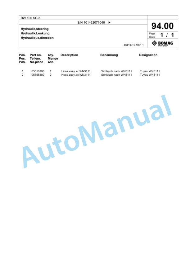 Bomag BW 100 SC-5 Tandem Vibratory Roller Spare Parts Catalogue 00824129 3 Bomag BW 100 SC-5 Tandem Vibratory Roller Spare Parts Catalogue 00824129-3