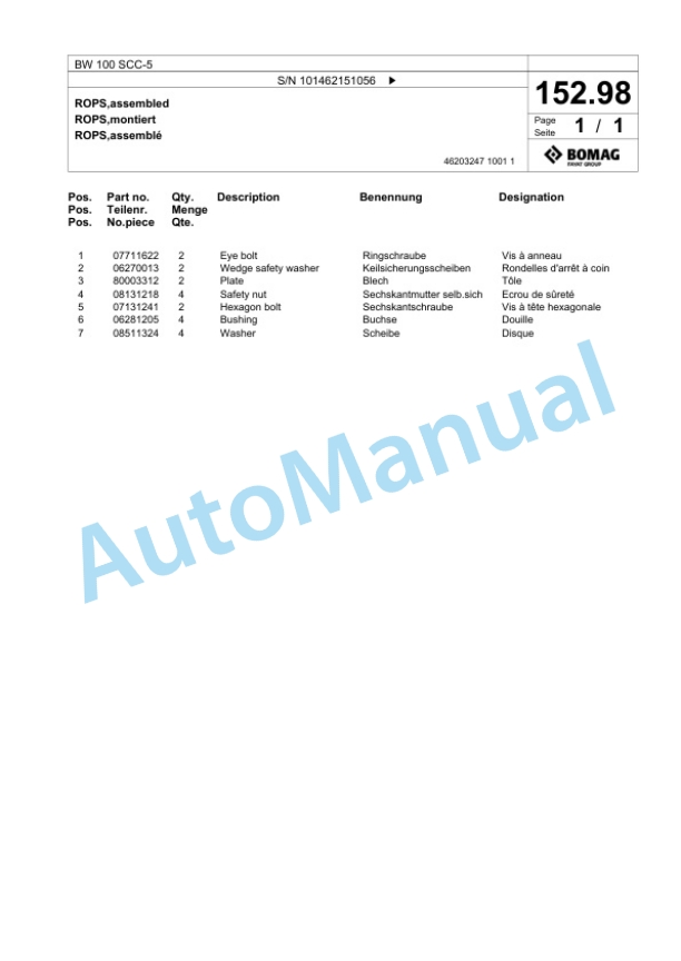 Bomag BW 100 SCC-5 Combination Roller Spare Parts Catalogue 00825295 4 Bomag BW 100 SCC-5 Combination Roller Spare Parts Catalogue 00825295-4