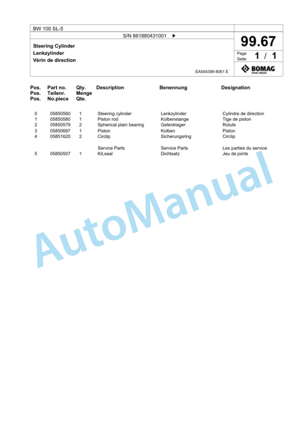 Bomag BW 100 SL-5 Tandem Vibratory Roller Spare Parts Catalogue 00824999 5 Bomag BW 100 SL-5 Tandem Vibratory Roller Spare Parts Catalogue 00824999-5
