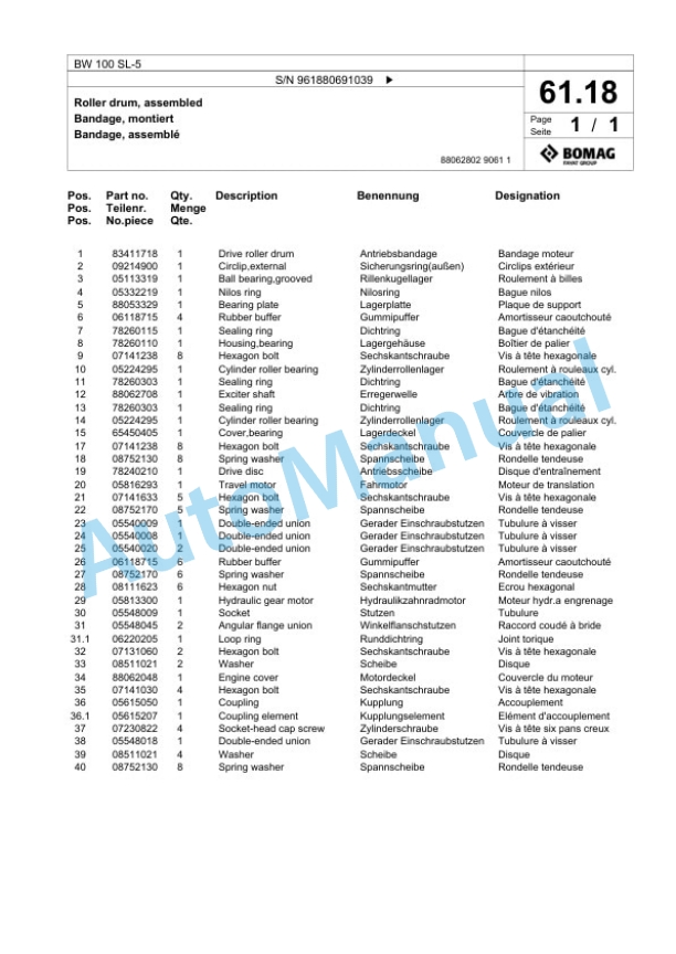 Bomag BW 100 SL-5 Tandem Vibratory Roller Spare Parts Catalogue 00826553 2 Bomag BW 100 SL-5 Tandem Vibratory Roller Spare Parts Catalogue 00826553-2