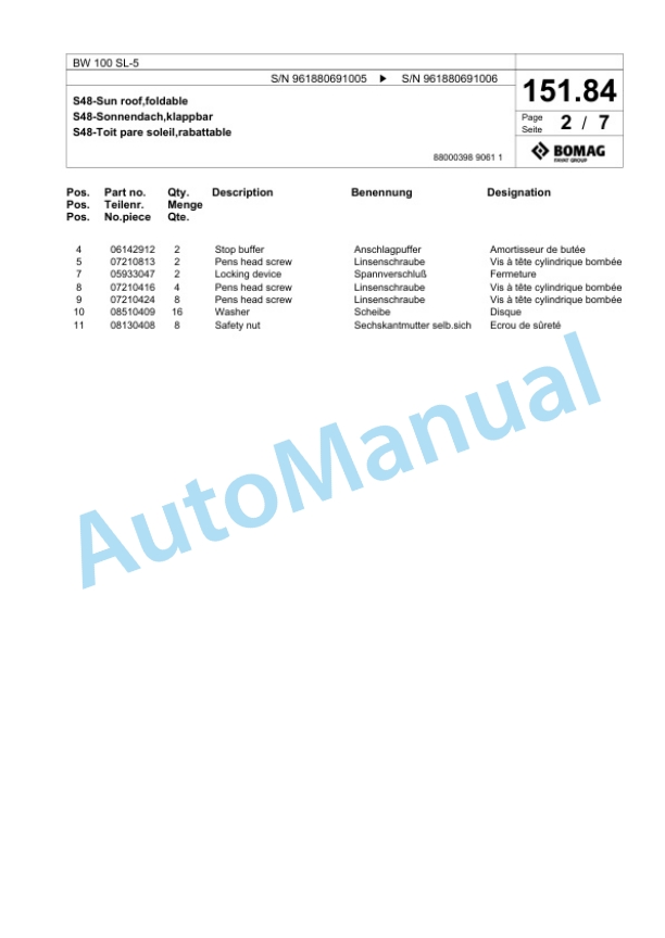 Bomag BW 100 SL-5 Tandem Vibratory Roller Spare Parts Catalogue 00826553 5 Bomag BW 100 SL-5 Tandem Vibratory Roller Spare Parts Catalogue 00826553-5