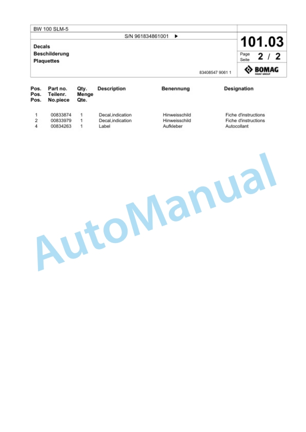 Bomag BW 100 SLM-5 Tandem Vibratory Roller Spare Parts Catalogue 00827125 5 Bomag BW 100 SLM-5 Tandem Vibratory Roller Spare Parts Catalogue 00827125-5