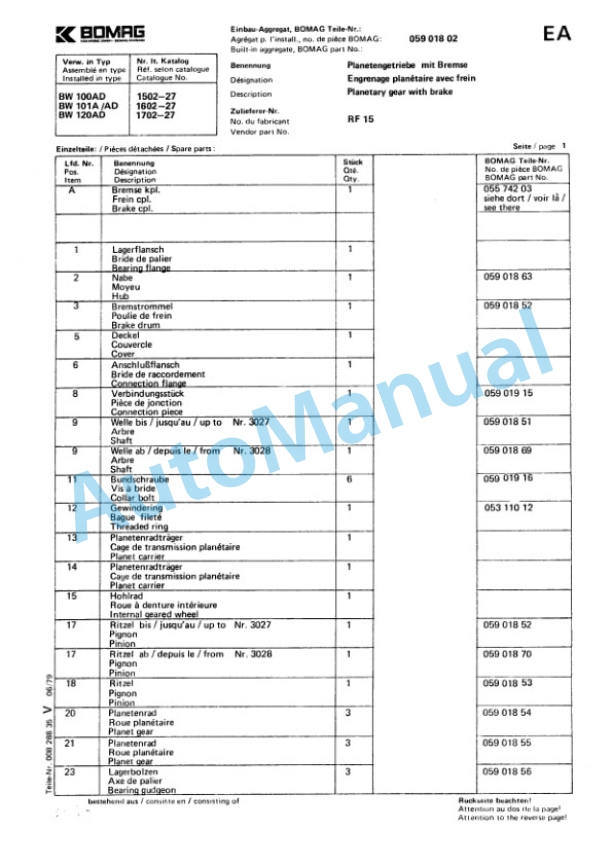 Bomag BW 101 A, BW 101 AD Tandem Vibratory Roller Spare Parts Catalogue 00812800 GE 3 Bomag BW 101 A, BW 101 AD Tandem Vibratory Roller Spare Parts Catalogue 00812800 GE-3