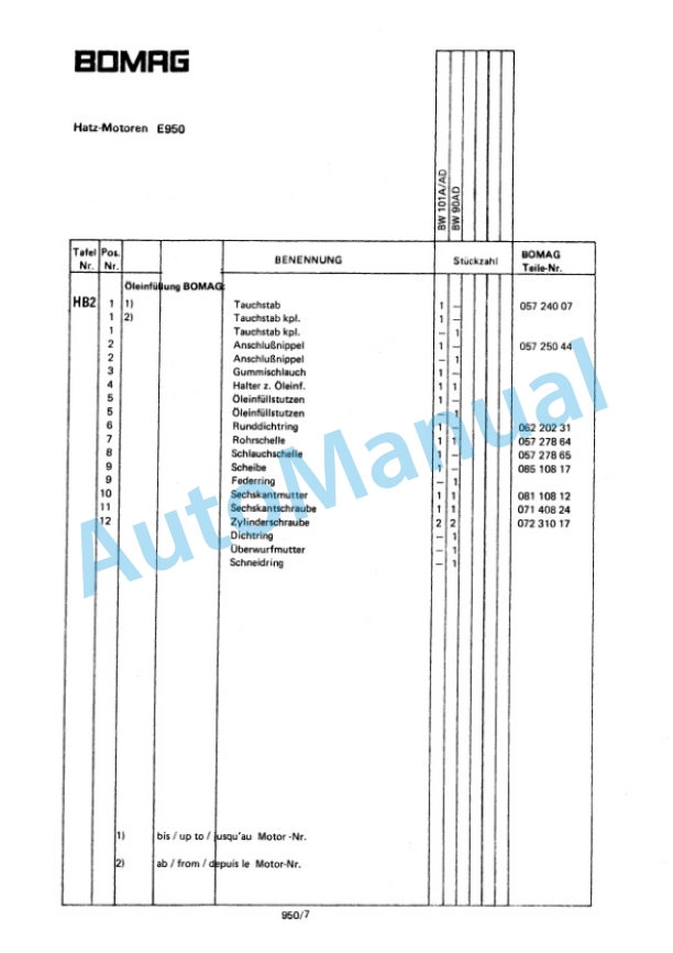 Bomag BW 101 A, BW 101 AD Tandem Vibratory Roller Spare Parts Catalogue 00812800 GE 5 Bomag BW 101 A, BW 101 AD Tandem Vibratory Roller Spare Parts Catalogue 00812800 GE-5
