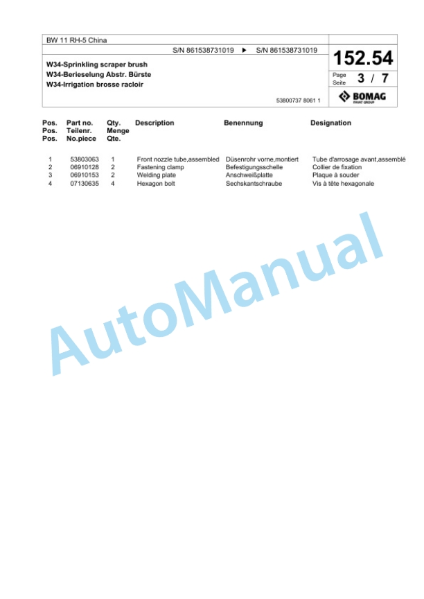 Bomag BW 11 RH-5 China Pneumatic Tyred Roller Spare Parts Catalogue 00824983 3 Bomag BW 11 RH-5 China Pneumatic Tyred Roller Spare Parts Catalogue 00824983-3