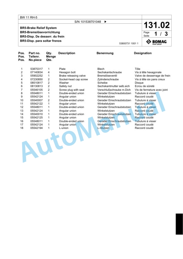 Bomag BW 11 RH-5 Pneumatic Tyred Roller Spare Parts Catalogue 00824749 3 Bomag BW 11 RH-5 Pneumatic Tyred Roller Spare Parts Catalogue 00824749-3