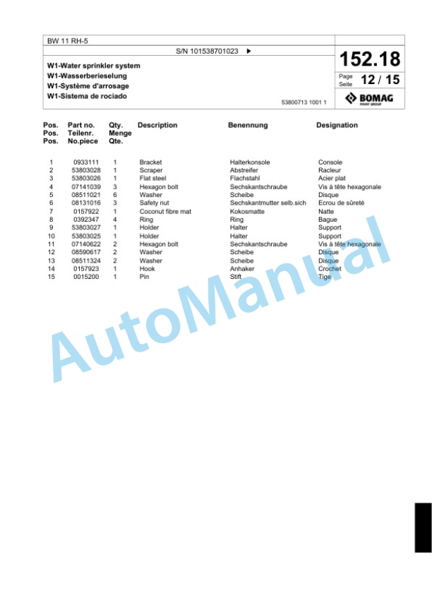 Bomag BW 11 RH-5 Pneumatic Tyred Roller Spare Parts Catalogue 00824749 5 Bomag BW 11 RH-5 Pneumatic Tyred Roller Spare Parts Catalogue 00824749-5