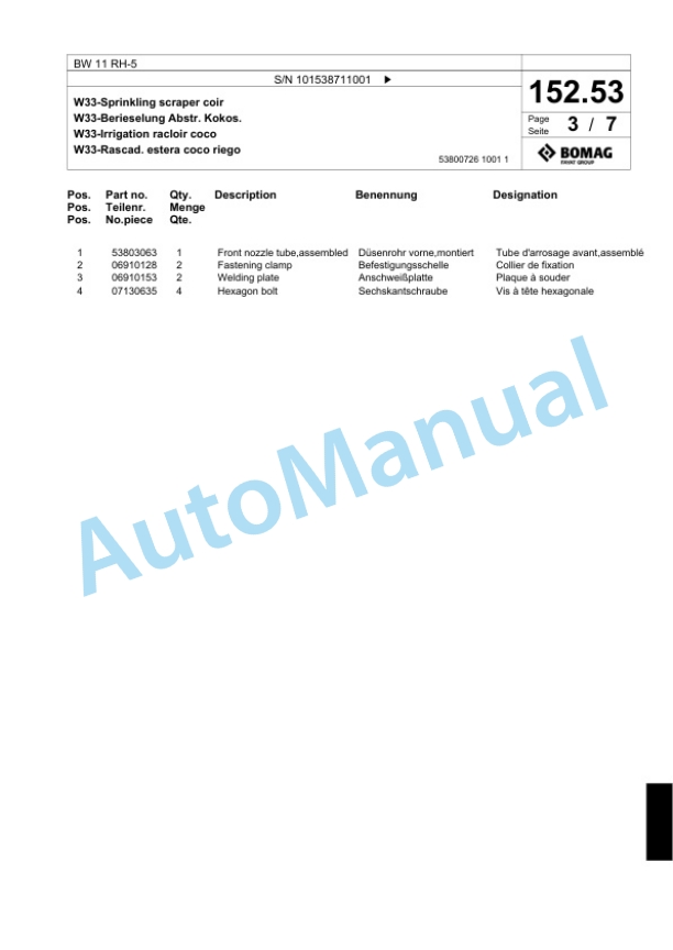 Bomag BW 11 RH-5 Pneumatic Tyred Roller Spare Parts Catalogue 00824993 4 Bomag BW 11 RH-5 Pneumatic Tyred Roller Spare Parts Catalogue 00824993-4