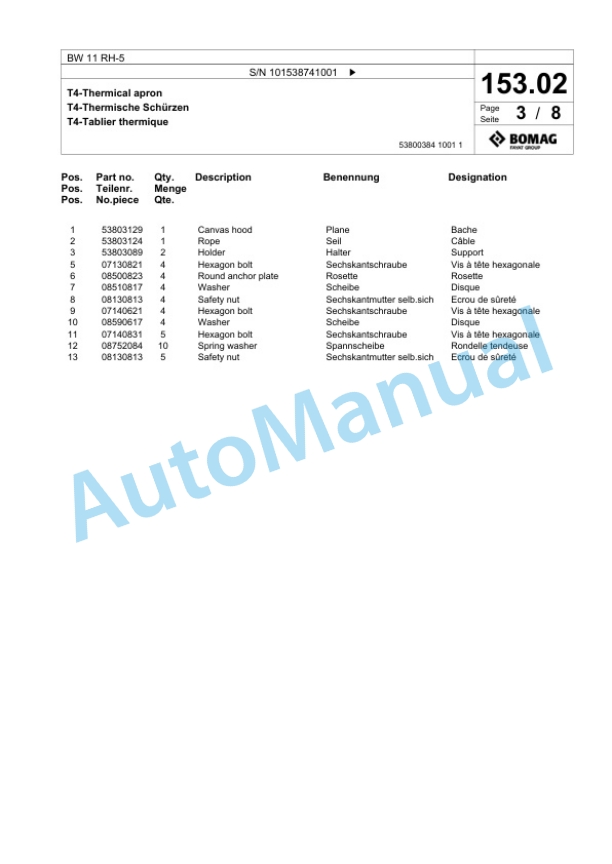 Bomag BW 11 RH-5 Pneumatic Tyred Roller Spare Parts Catalogue 00825663 5 Bomag BW 11 RH-5 Pneumatic Tyred Roller Spare Parts Catalogue 00825663-5