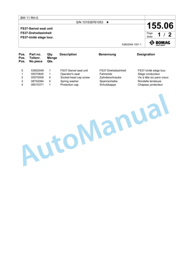 Bomag BW 11 RH-5 Pneumatic Tyred Roller Spare Parts Catalogue 00825667 4 Bomag BW 11 RH-5 Pneumatic Tyred Roller Spare Parts Catalogue 00825667-4
